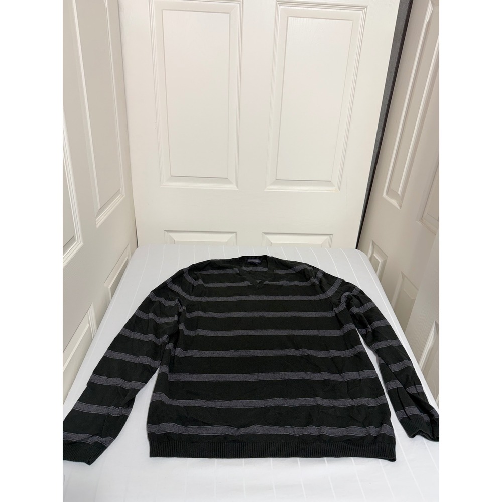 Banana Republic Mens V-Neck Sweater Black Grey Striped Cotton Cashmere Large L